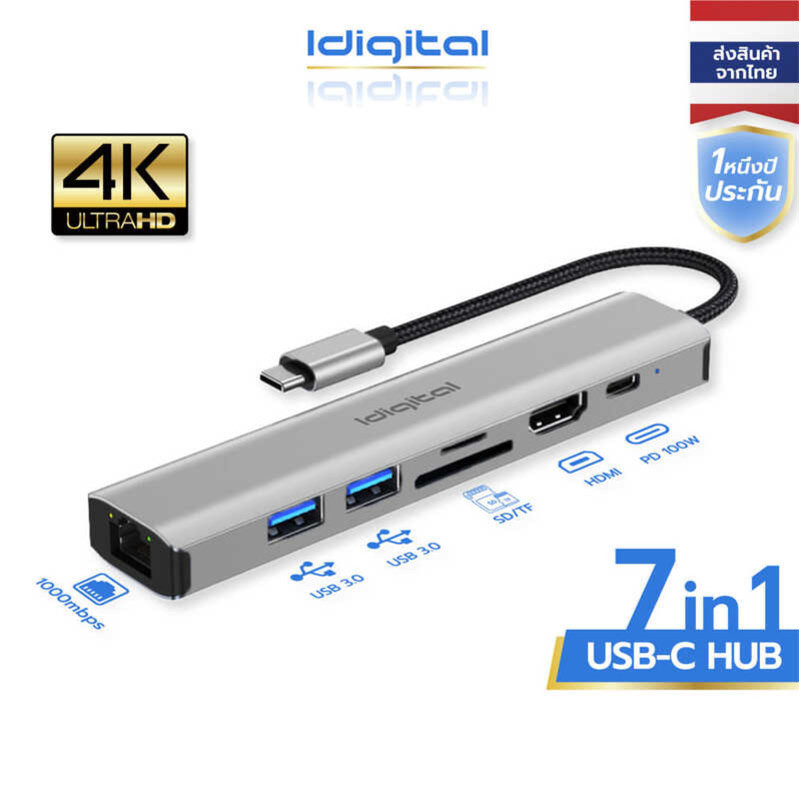 อะแดปเตอร์ Idigital Type Hub, USB C to USB3.0, HDMI 4K, 1000M RJ45, PD100W Fast Charging, เครื่องอ่า