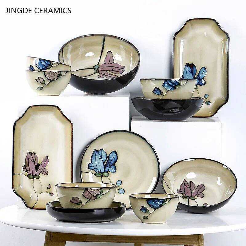 C Japanee Ceramic Plate Underglaze Color Round Salad Plate Houehold Kitchenware Ceramic Dinner Plat