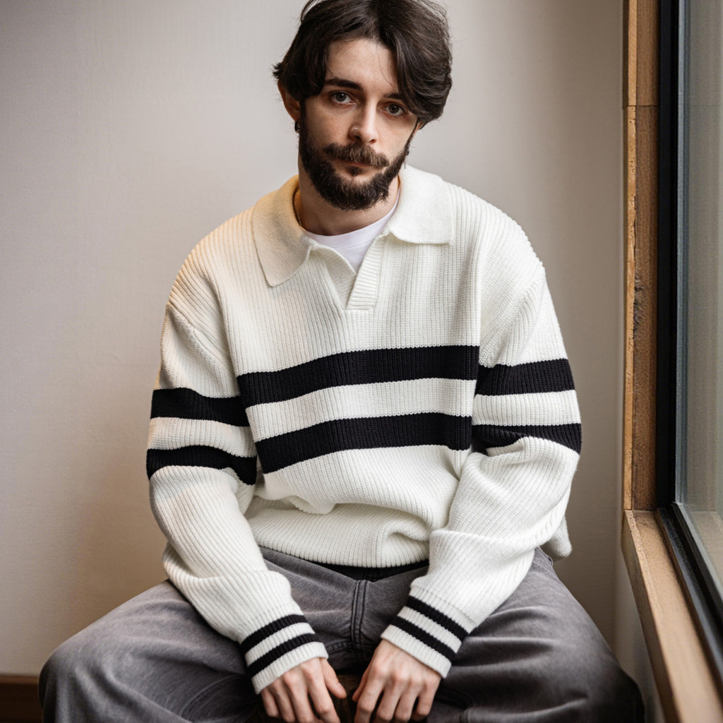 MRA เสื้อโปโลคอวี กันหนาวสำหรับผู้ชาย ออกแบบมาอย่างอบอุ่นด้วยคอปิดแบบซับในหนา แฟชั่นฤดูหนาว