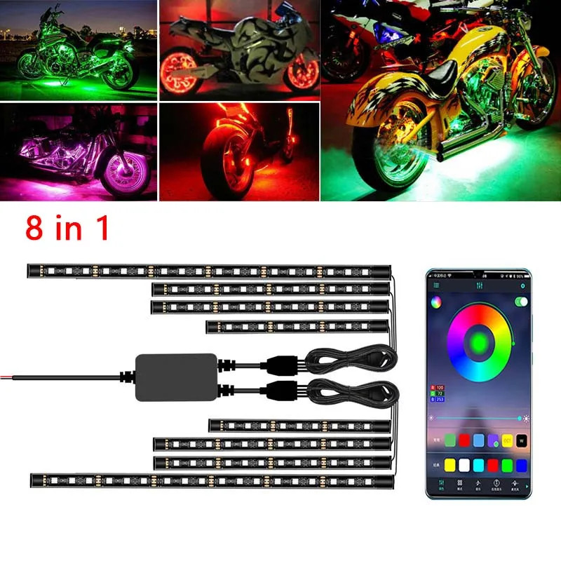 8 in 1 Flexible Underglow LED Lights for Motorcycle Backlight 12v RGB APP Motorcycle Car Signal Foo