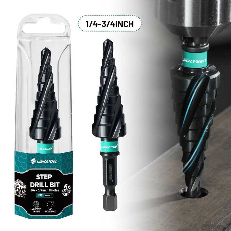 C LIBRATON 1/4"-3/4" Step Drill Bit Four Spiral Flute Step Bits M35 Cobalt 1/4" Hex Shank Step Bits