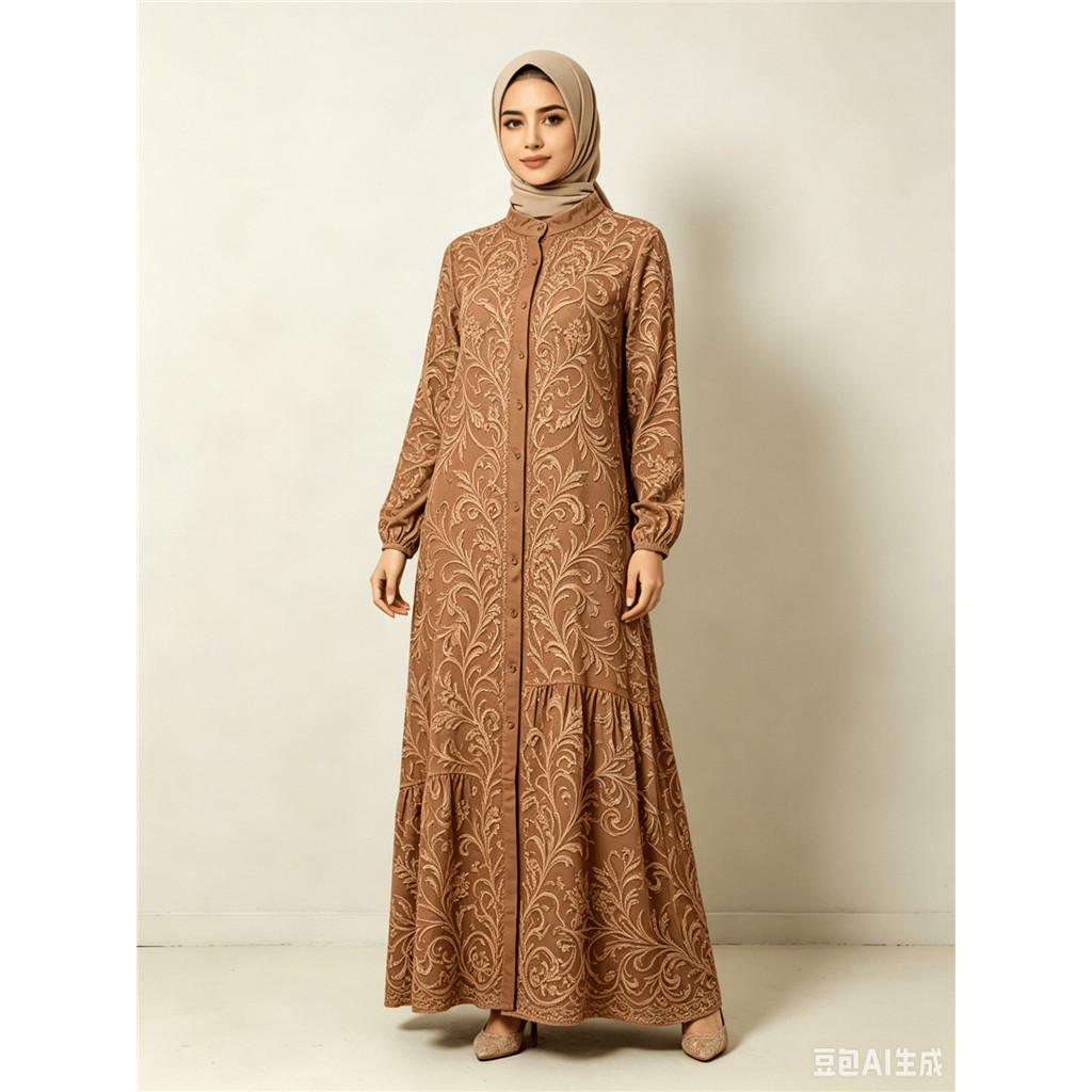 ผู้หญิงปุ่มดอกไม้-ลง Abaya Maxi ชุด, Elegant แขนยาวเจียมตัวมุสลิมชุด,ลําลองหลวมอิสลามสวดมนต์ Robe สําหรับ Ramadan/Eid Shirtdress 82