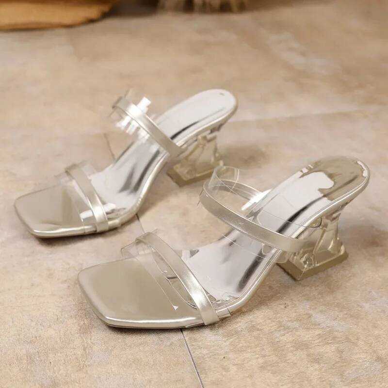 C YUYIN High Heels One Strap Sandals Crystal Special Heel Slippers Summer New Square Toe Anti-Slip