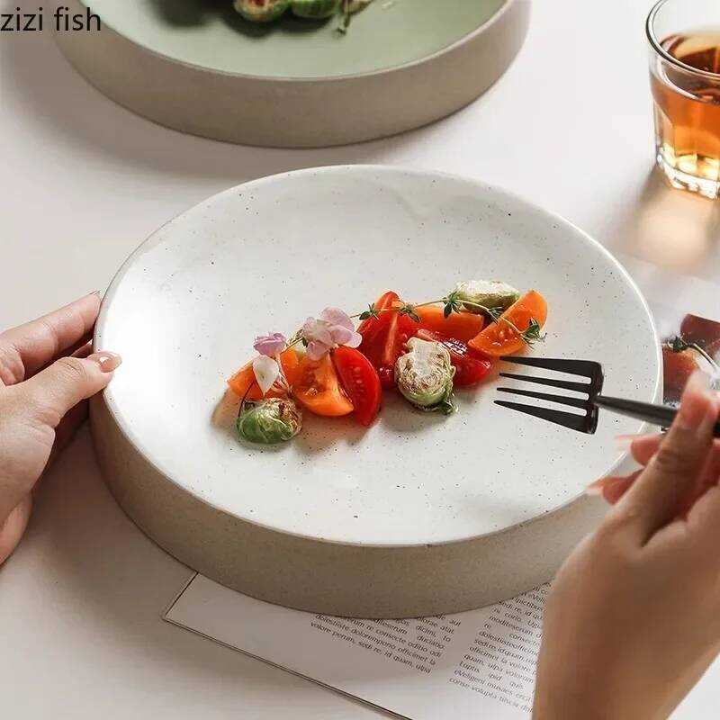 C Retro Cydrical Ceramic Plate Pasta Dish Dessert Snack Plate Steak Plate Sushi Plates Restaurant M