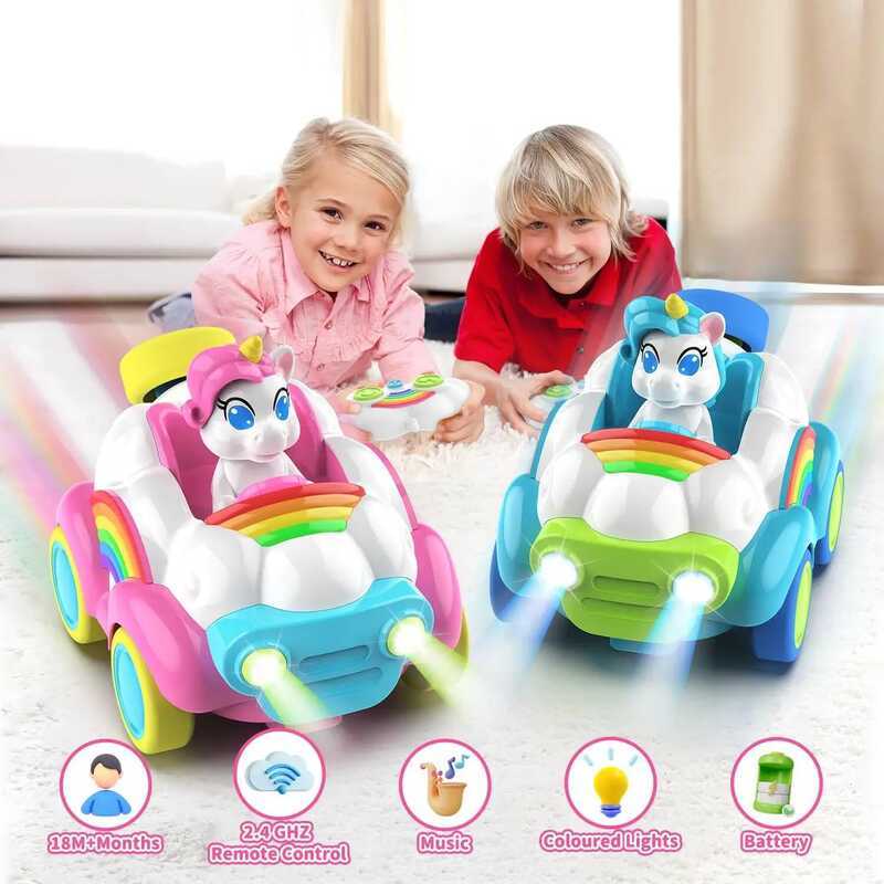 C 2Pcs Remote Control Cars 2.4Ghz RC Cars Kids Unicorn Car Toys With Colored Lights, Music And Soun