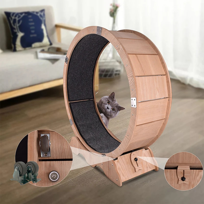 Natural Wood Cat Running Wheel, Cat Training Wheel, Indoor Training Wheel, Treadmill with Carpet, R