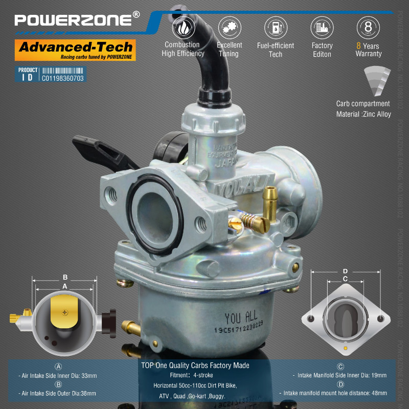 Powerzone  Carburetor PZ19 19mm  CVK  Accelerator Pump Carb For Horizontal 50cc-110cc Dirt Pit Bike