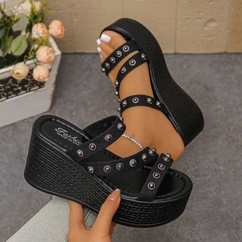 C Women Sandals Summer High Heels Shoes Black Platform Sandals Sexy Rivets Thick Heels Shoes For Wo