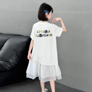 Akaki🌼 ชุดเดรสเด็กผู้หญิงแฟชั่นฤดูร้อนปี 2026 สไตล์ใหม่ กระโปรงประกบแขนสั้นเด็กขนาดกลางและใหญ่ กระ