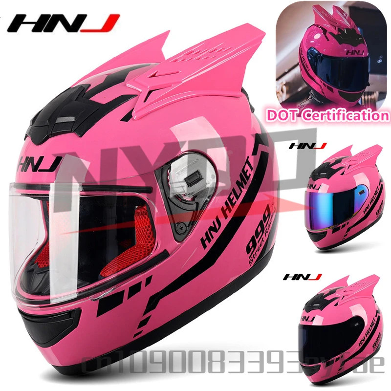 HNJ Motorcycle Helmet for Women and men Riding Personality Horn Pink  Full Face Helmet DOT Certific