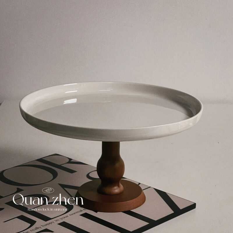 C French Vintage Ceramic High-Foot Plate Wooden High-Foot Ceramic Plate Cake Plate Fruit Plate Houe