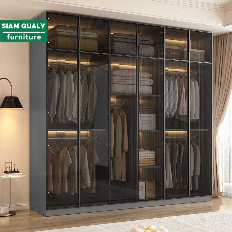 Custom Closet Glass Door Wardrobe Solid Wood Bedroom Storage Cabinet Modern Minimalist Furniture