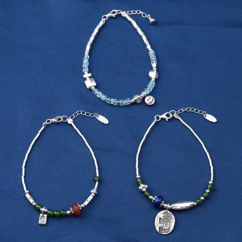 T Thailand เชียงใหม่ Handmade Silver Jasper Southern Red Agate Aquamarine Bracelet Simple Sterling S