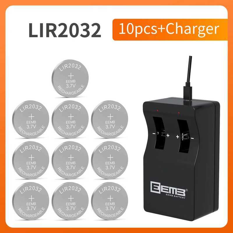 Lir2032 แบตเตอรี่ 10 ชิ้น พร้อมที่ชาร์จ 3.7V 2032 แบตเตอรี่ลิเธียมไอออนแบบชาร์จได้ 45Mah แบตเตอรี่เ