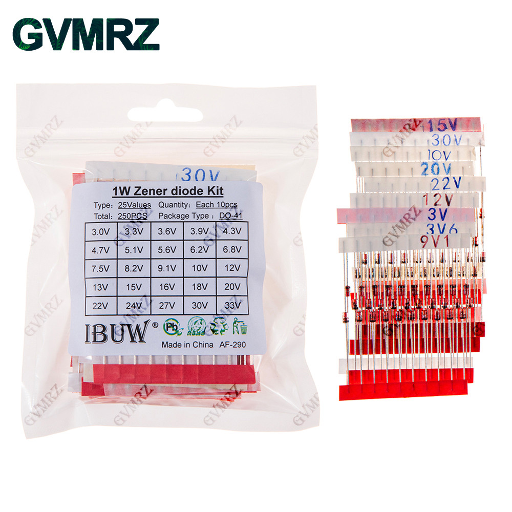 250PCS 25 ค่า 1W Zener Diode Kit 3.0V-33V DO-41 สําหรับแรงดันไฟฟ้าระเบียบโครงการอิเล็กทรอนิกส์