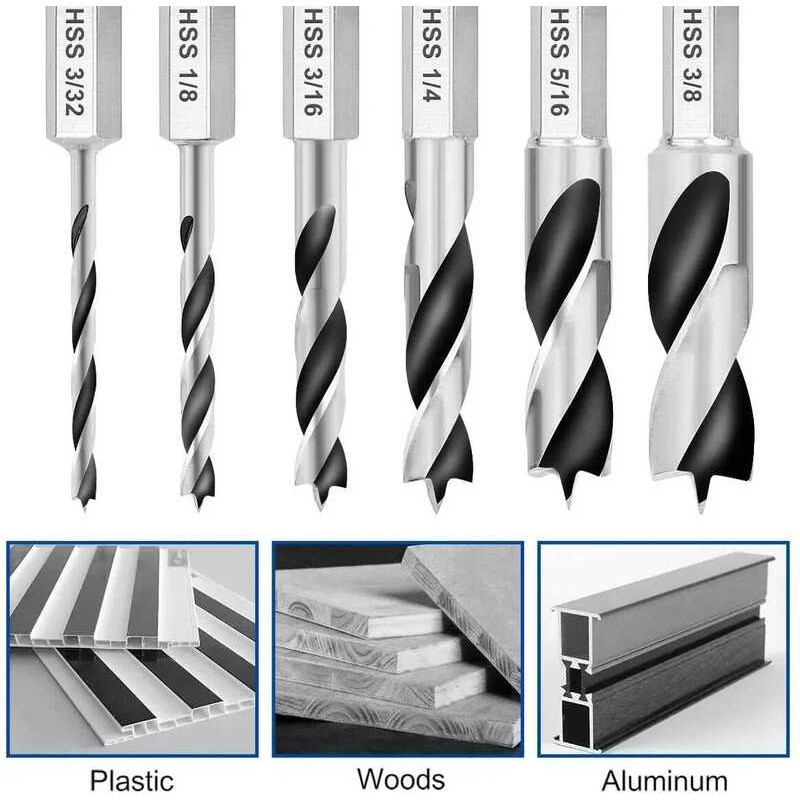 C 5/6Pc 3-Point Stubby HSS Drill Bit Set 1/4" Hex Shank Drill Bit Quick Change For Electric Drill W