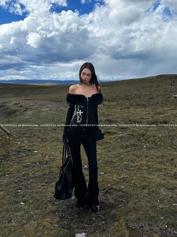 Shanmieleng ฤดูใบไม้ร่วงสไตล์ใหม่อเมริกันย้อนยุคสีดําออกแบบซิปขนคอปกแขนยาวเสื้อยืดผู้หญิง Slim-Fit สาวร้อนด้านบน ราคา ถูกที่สุด ดีลบีเคเค แกลเลอรีภาพที่ 6
