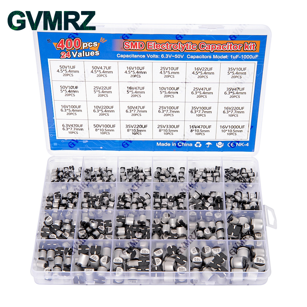 400PCS 24 ค่า SMD ชุดตัวเก็บประจุไฟฟ้า 1uF-1000uF 6.3V-50V สําหรับโครงการอิเล็กทรอนิกส์