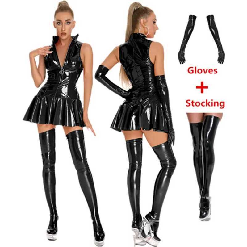 C Women's Exotic Leather Dress Wet Look Sexy Con Pleated Latex Dress High Collar Sleeveless Bottom