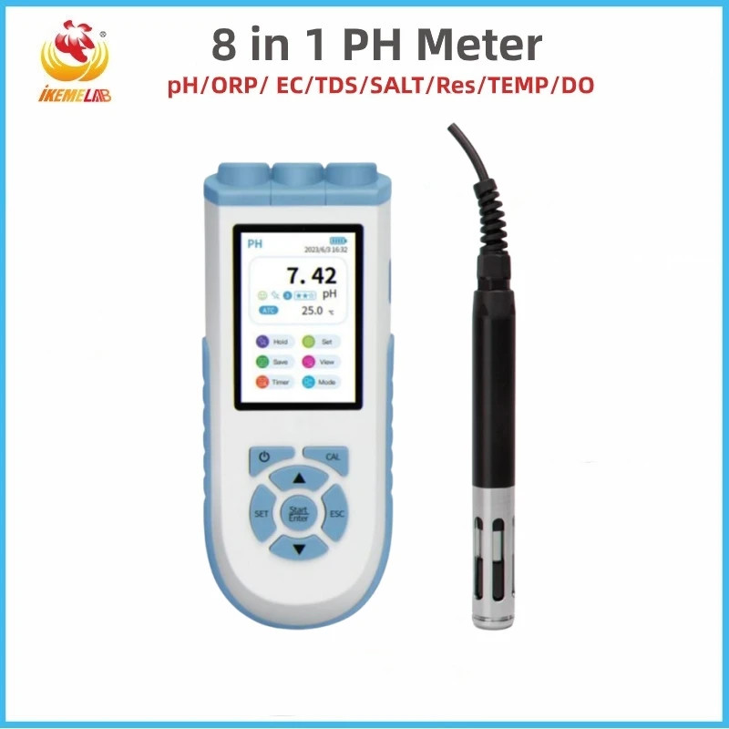 IKEME PH Meter 8 in 1 Water Dissolved Oxygen Meter Digital pH/ORP/ EC/TDS/SALT/Res/TEMP/DO High Pre