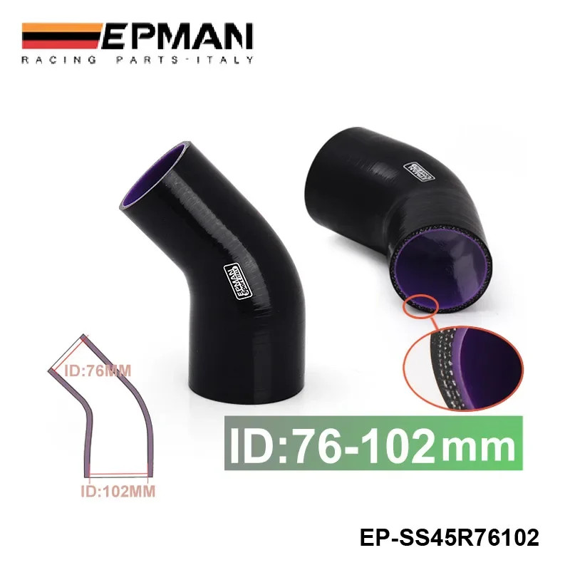 EPMAN - 3"-4" 76mm-102mm 4-Ply Silicone 45 Degree Elbow Reducer Hose BLACK For BMW E36 325 328 M3 H