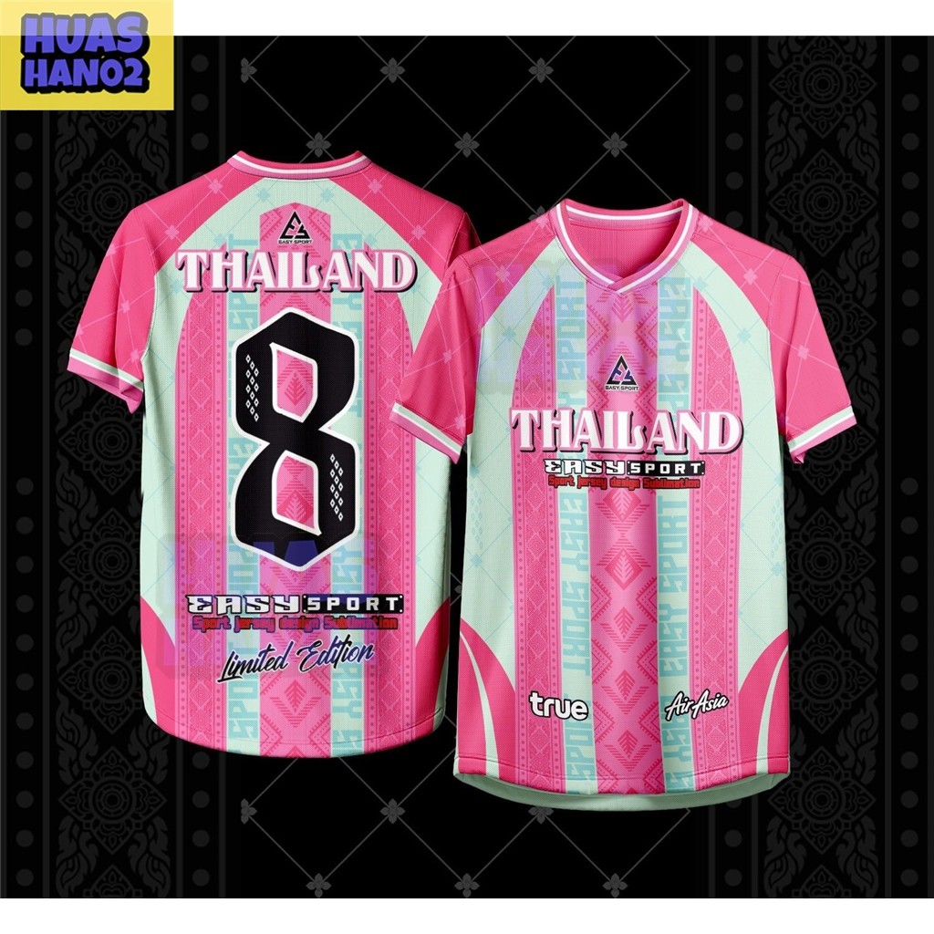 เสื้อทีมฟุตบอล  THAILAND เลข 8 สีชมพู+สีเขียว Limited Edition เสื้อสปอร์ต ใส่สบาย มีโลโก้True AirAsi