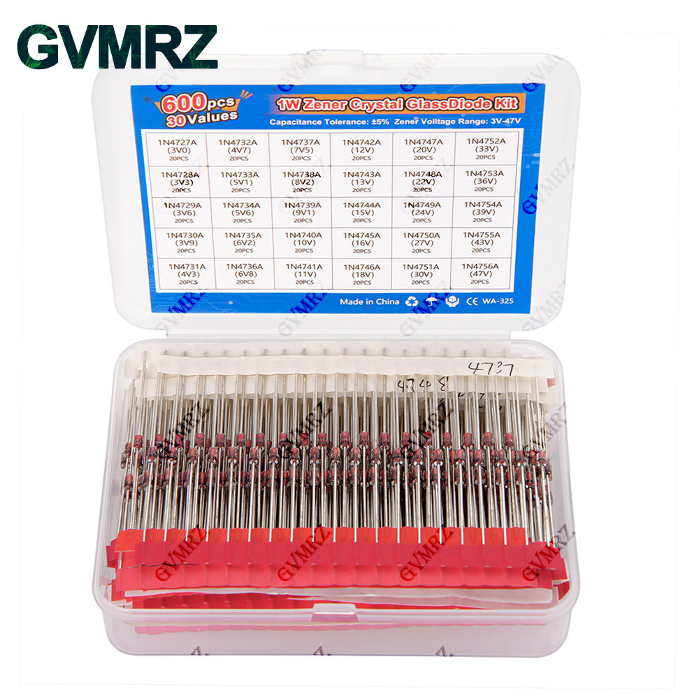 600PCS 30Values 1W Zener Diode Kit 3V-47V กล่องสําหรับโครงการควบคุมแรงดันไฟฟ้าของอิเล็กทรอนิกส์