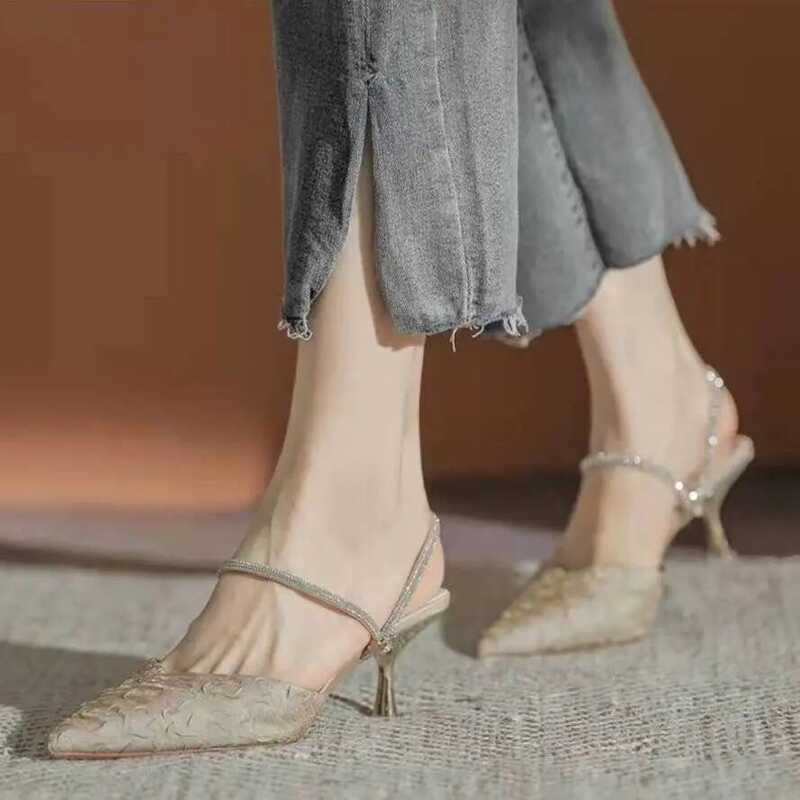 C Footwear Stiletto Women's Shoes Slippers Summer 2025 Beige Sandals For Woman Rhinestones Diamond