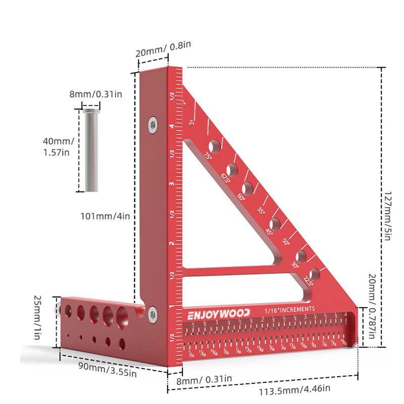 ENJOYWOOD 5 inch 3D Multi-Angle Measuring Ruler Square Ruler 22.5-90 Degree Protractor Hole Positio