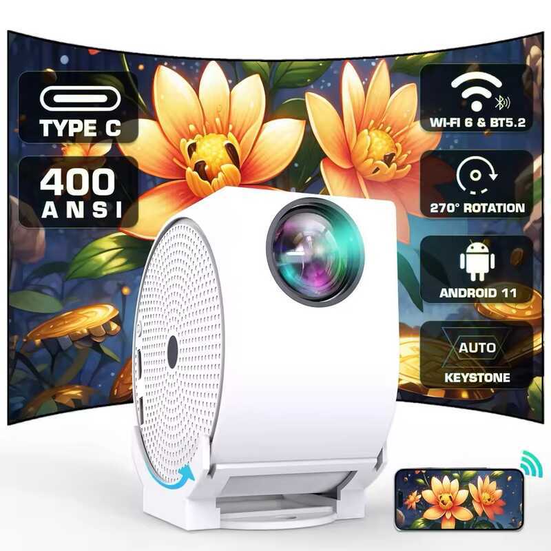 Mini Creative Projector 4K Home HD Portable Cinema สมาร์ท 360 องศา Gimbal Projection
