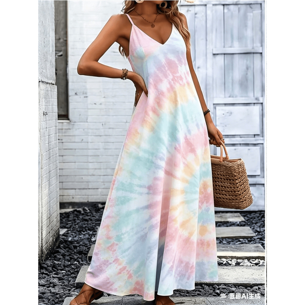 Tie Dye Maxi Dress สําหรับผู้หญิงฤดูร้อนสปาเก็ตตี้ V คอชุดลําลองยาวพร้อมกระเป๋าชายหาดชุดวันหยุด