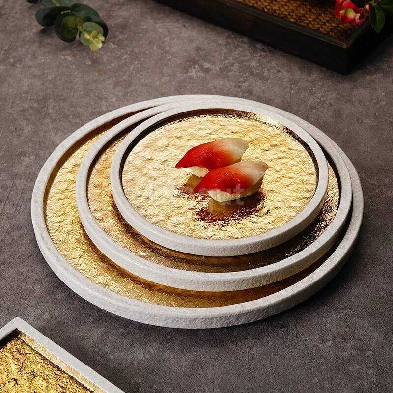 C Ceramics GOLD Dining Plate BBQ Flat Plate Sashimi Plates Western Style Steak Plates Sushi Dish De