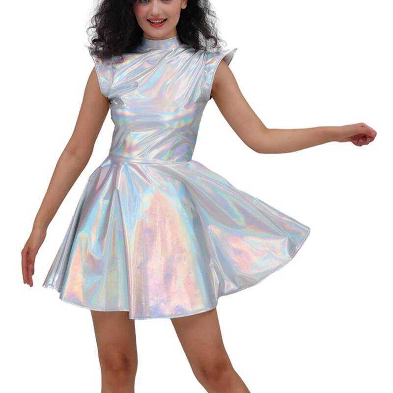 C Metallic Women's Shiny Dress Holographic Solid Color Turtleneck Pleated Dress Carnival Costume Go