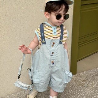 Setelan musim panas anak laki-laki dan perempuan, rompi berkerudung bergaris Korea baru, terusan kasual kartun bayi, musim panas