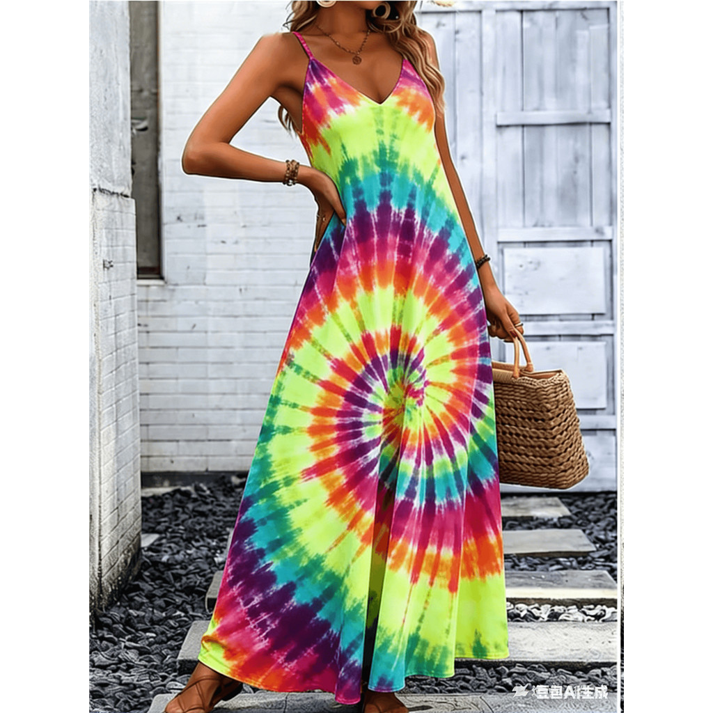 Tie Dye Maxi Dress สําหรับผู้หญิงฤดูร้อนสปาเก็ตตี้ V คอชุดลําลองยาวพร้อมกระเป๋าชายหาดชุดวันหยุด