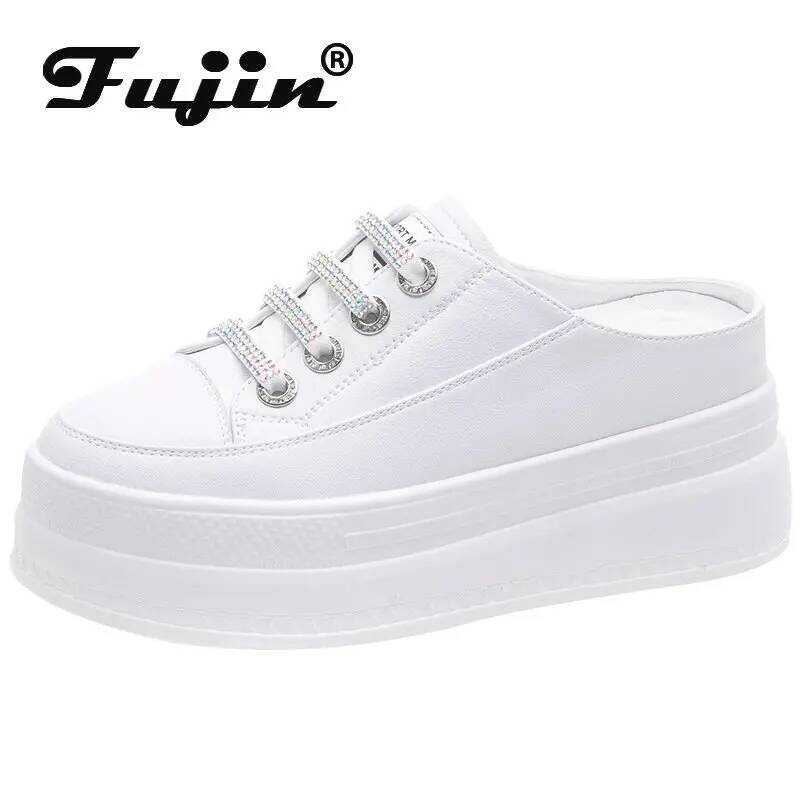 C Fujin 7.5Cm Genuine Leather Women Slipper Summer Platform Wedge Beach Mule Leather Slip On Sneake