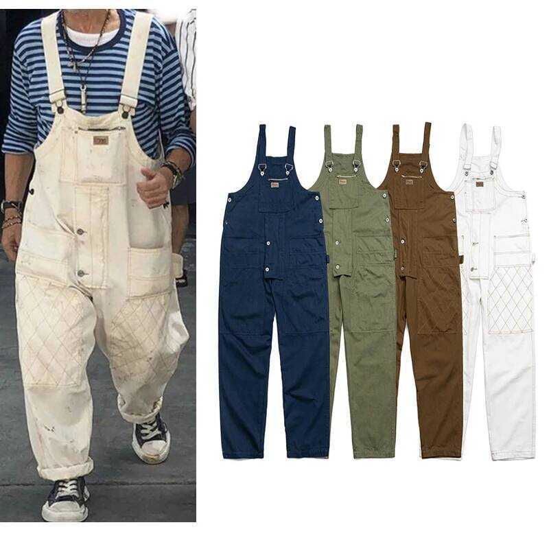 C Safari Style Multi-Pockets Bib Overalls Men Hip Hop Streetwear Cargo Work Pants Coveralls Men's C
