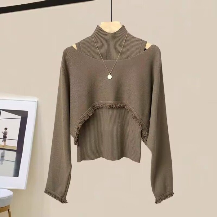 เวอร์ชั่นเกาหลี Retro All-Match Raw Edge แขนยาวถักเสื้อคอเต่าครึ่งตัว Swe
