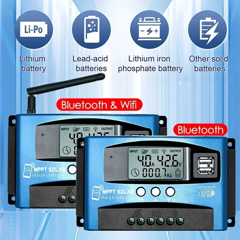 100A/60A/50A/40A/30A Bluetooth WIFI MPPT Solar Charge Controller 12V/24V 12-60V Dual USB Solar Pane