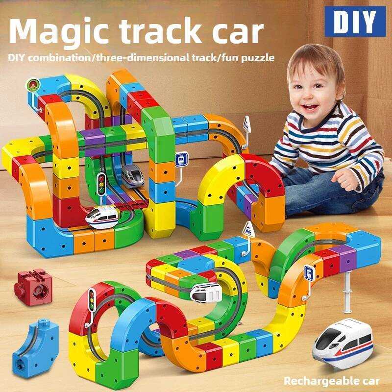 C Magical Track Train Kids DIY Building Bloc Eduional Toy Magnetic Rail Car Cube Toys Construction