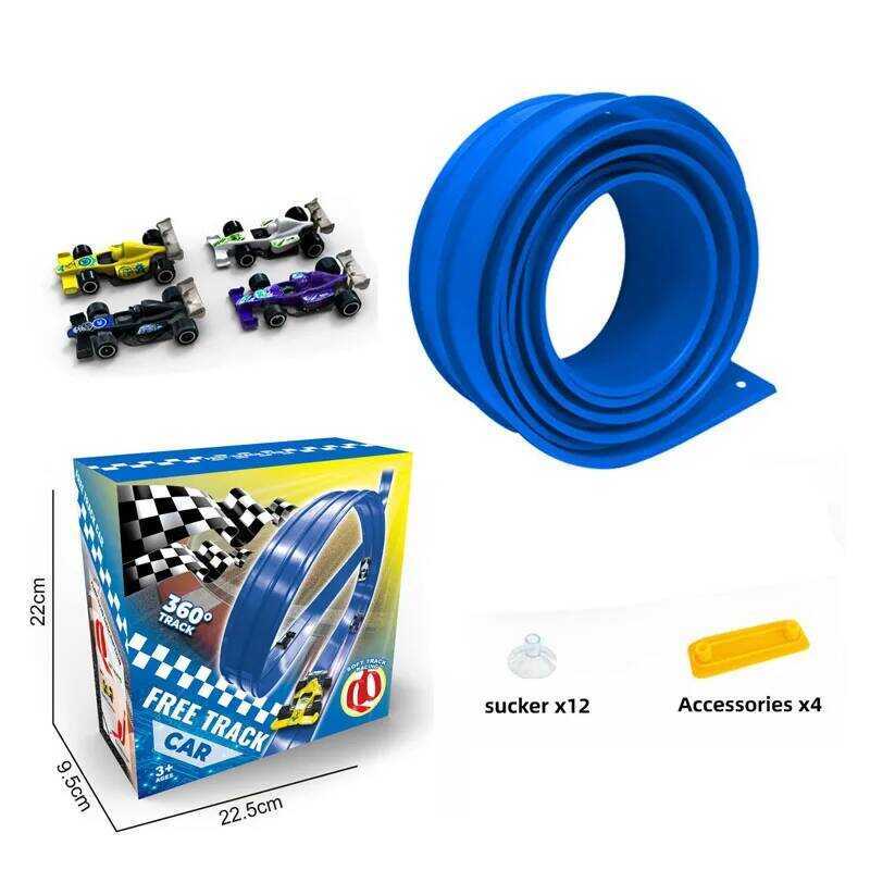 C 4 Cars Compatible Portable Rolls Up Flexible Race Track Children Toys, DIY Double-Track Racing Ca