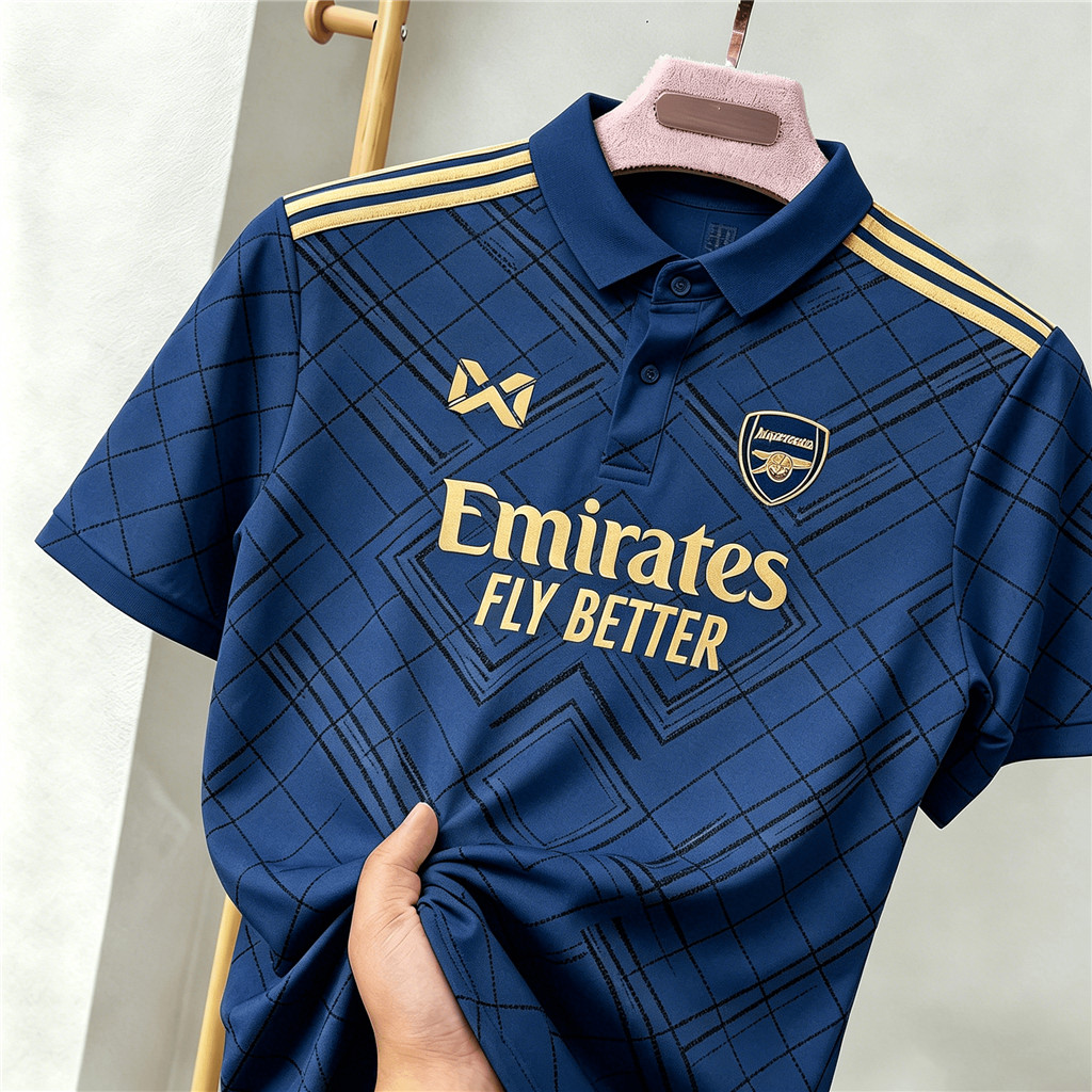 Retro Arsenal themed เสื้อโปโลเสื้อยืดชุดกีฬาแห้งเร็วลายทางสีน้ําเงินและสีทอง
