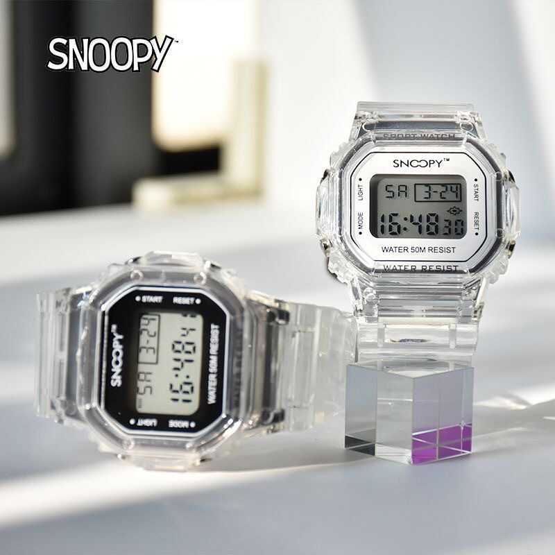 ของแท้ Snoopy Snoopy นาฬิกากันน้ําโปร่งใสชายหญิงนักเรียนกีฬากลางแจ้ง Multi-Function Square นาฬิกาอิเ