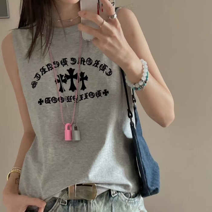 Chrome Flocked Letter Racer Vest สําหรับผู้หญิงฤดูร้อนใหม่รอบคอสั้นด้านบน*Hearts