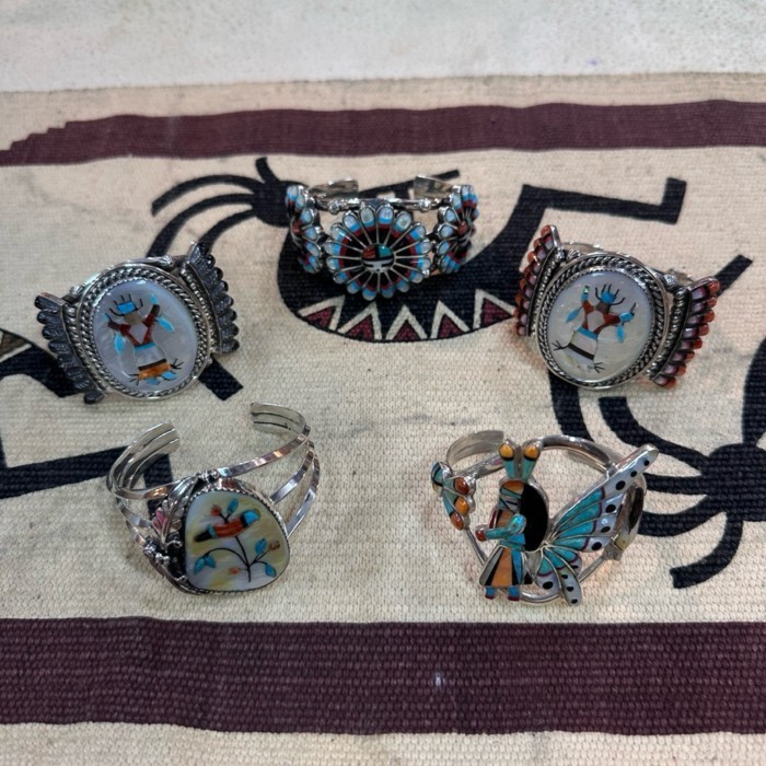 กำไลเงินแท้ 925 Zuni Inlay ฝังหินแท้ ลาย Kachina & Sunface