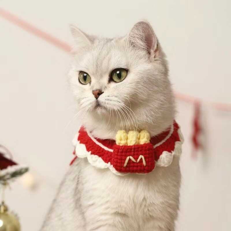 Mai Mai French Fries Cat Pet Bib Bib Bib ตกแต่งสุนัขผ้าพันคอคอขนสัตว์ถัก