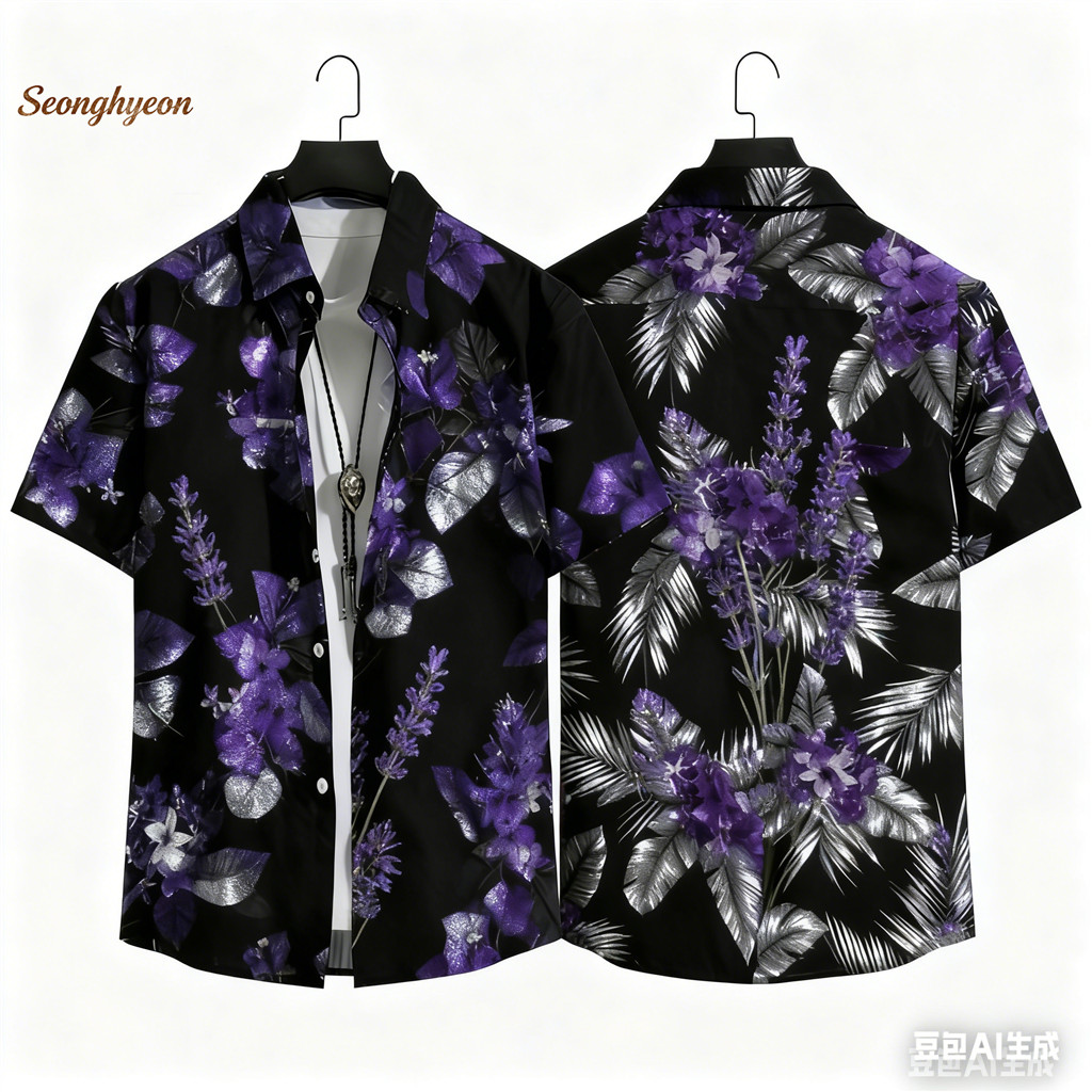 เสื้อเชิ้ตแขนสั้นลายสามมิติสไตล์ฮาวายสำหรับผู้ชาย พรินต์กระเพราเนียนและดอกไม้เขตร้อน เหมาะสำหรับการพักผ่อนและความคล่องตัว