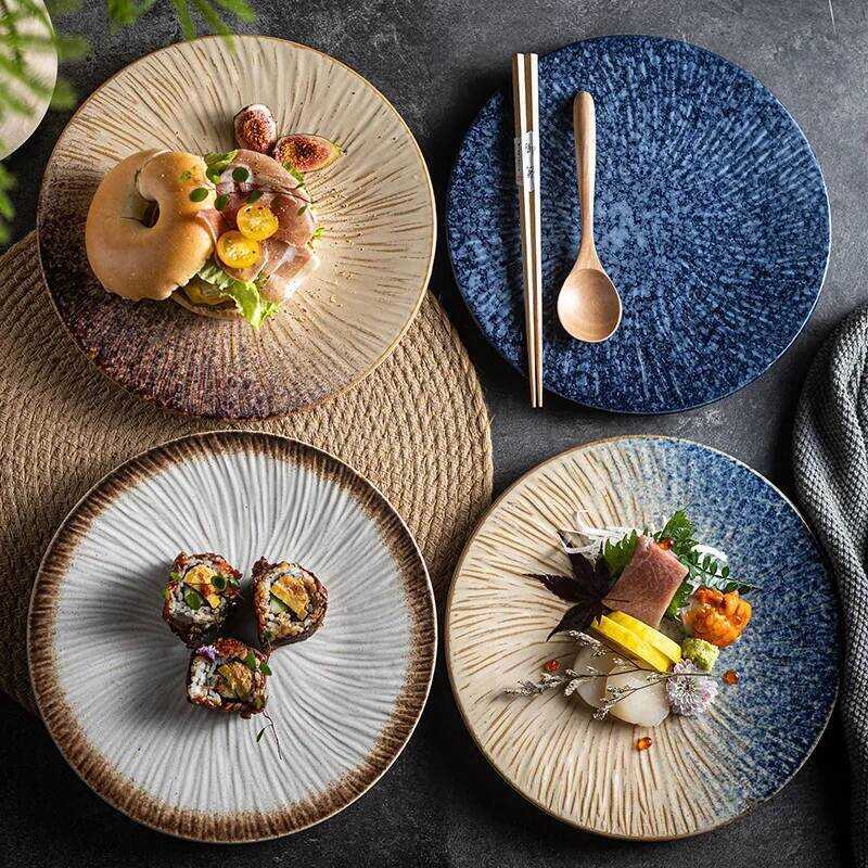 C Ceramic Steak Plates Set Dinnerware Underglaze Flat Round Plates For Home Kitchen Restaurant Serv