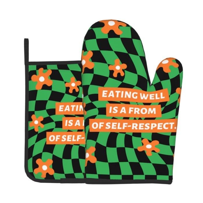 EATING WELL ได้มาจาก SELF-RESPECT เตาอบ Mitts & ที่วางหม้อในครัว Potholder Mat สําหรับถุงมือฉนวนกันค