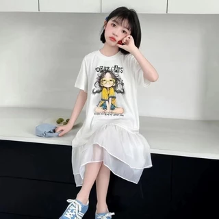 Akaki🌼 ชุดเดรสเด็กผู้หญิงแฟชั่นฤดูร้อนปี 2026 สไตล์ใหม่ กระโปรงประกบแขนสั้นเด็กขนาดกลางและใหญ่ กระ